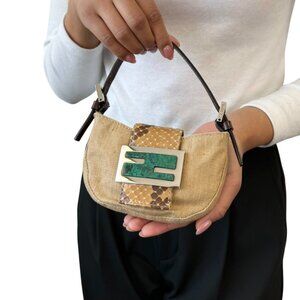 FENDI Vintage FF Logo Micro Croissant Mini Bag Pouch Brown Green Linen  [104051]